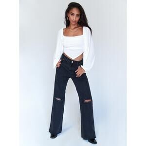 Princess Polly Jeans Denim Ripped Distressed Straight Button Fly Black Size 8